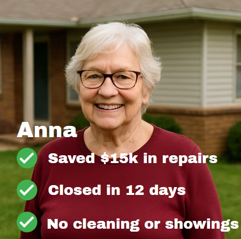 Smiling elderly woman stands in front of a house after selling inherited property without repairs.