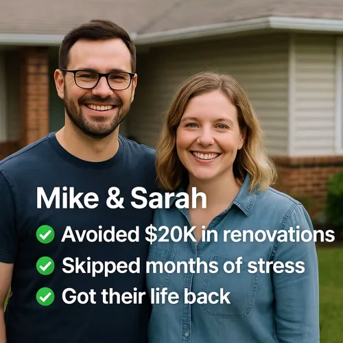 Mike and Sarah smiling in front of their home after selling it as-is and avoiding $20K in renovations.