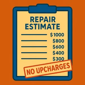 Repair estimate with honest pricing and a "No Upcharges" stamp