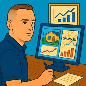 Cincy Sell for Cash team member reviewing a house and Cincinnati market data on a computer