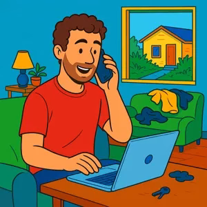 Homeowner casually using a laptop and phone to describe their house without making repairs