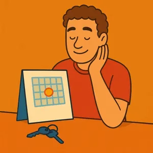 Calm homeowner reviewing calendar and house keys to choose closing date